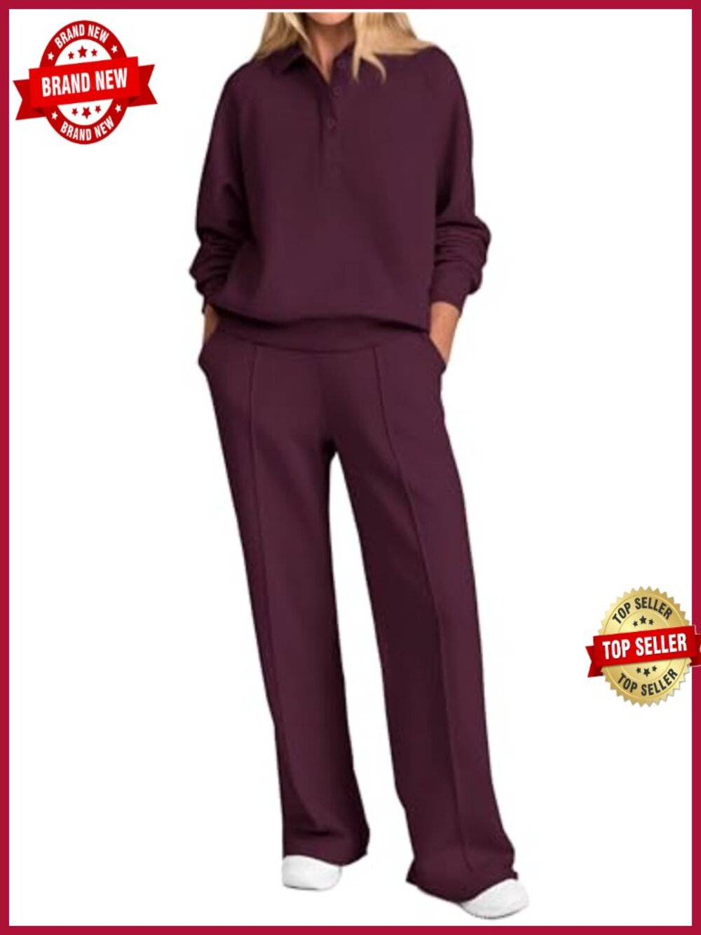 2 Piece Sweatsuit Set Quarter Button Sweatshirt Wide Leg Sweatpants